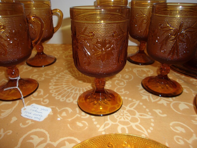 Vintage Tiara Sandwich Glass Amber Tea Cups and Saucers, Irish Coffee