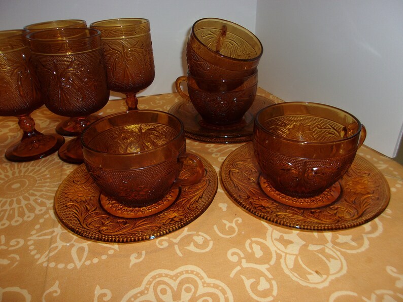 Vintage Tiara Sandwich Glass Amber Tea Cups and Saucers, Irish Coffee