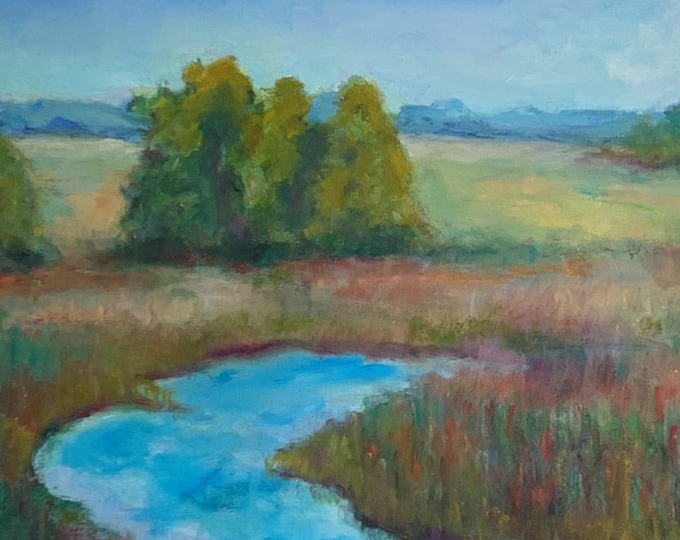 Fields and Stream: landscape oil painting on canvas by Janina Ridgway (framed) 25"W by 21"H