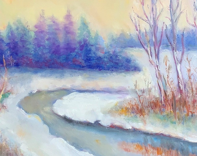 Winter Landscape: expressing quiet solitude and snowy peacefulness. Oil painting on canvas by Janina Ridgway, (framed) 30"W by 25"H