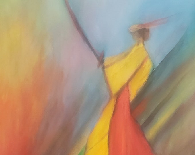Baltic Warrior: Oil on canvas ,Abstract depiction of a warrior or knight with sword by Janina Ridgway (unframed) 26"W by 26"W