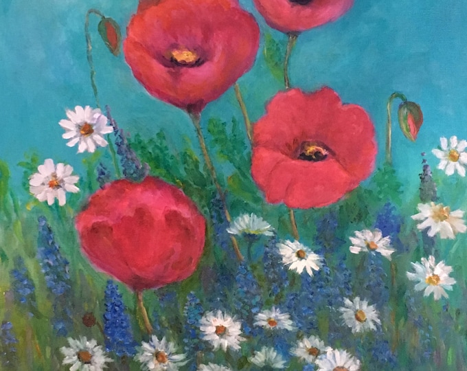 Pink Poppies with white daisies and hyacinths. Impressionist oil painting on canvas. Summer time. Original  artwork.