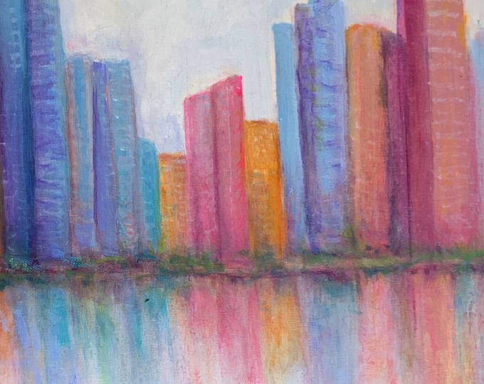Lakeside Cityscape: impressionistic oil painting on canvas by Janina Ridgway, (framed) 23W"W by23"H