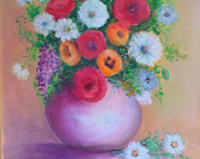 Flower Bouquet: still life oil painting on canvas. (framed)