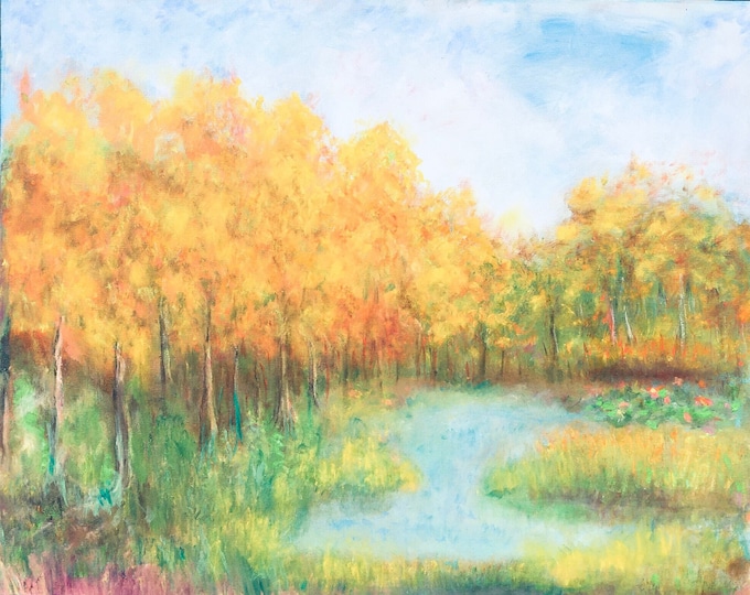 The Era of Falling Golden Leaves: Getting Ready for Autumn and Peaceful Winter's Rest. Oil on canvas by Janina Ridgway (framed) 24"W by 24"H