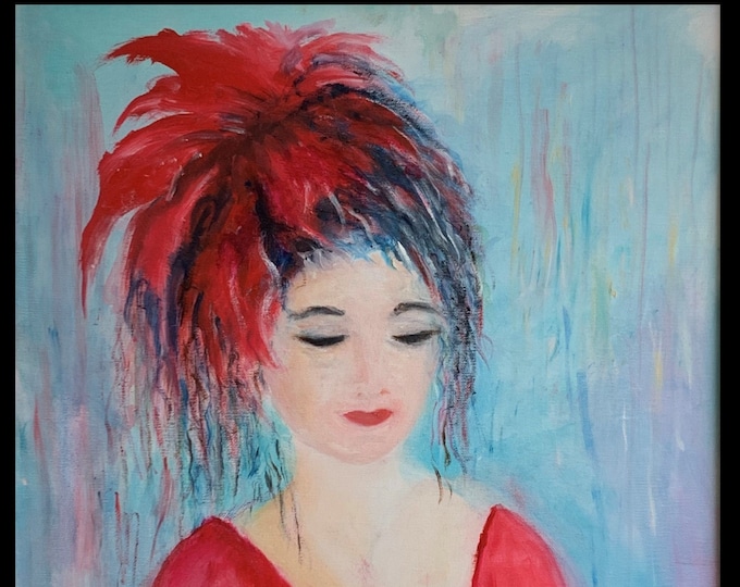 Shy Girl in Red: impressionistic oil painting on canvas (framed)