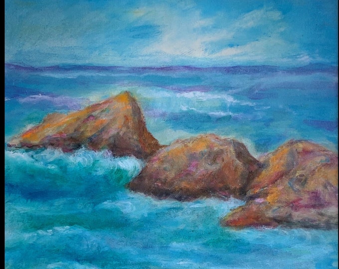 Stormy Seas: impressionistic oil painting on canvas by Janina Ridgway,  (framed) 23"W by 29"H