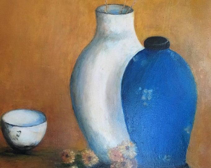 Blue and White Vases: Still life, vintage style rendition. Oil painting on canvas by Janina Ridgway (framed) 20"W by 24"H