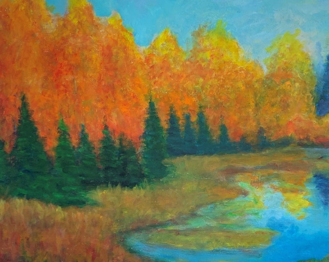 Fallen Golden Autumn Leaves: impressionistic style of large oil painting on canvas by Janina Ridgway, (unframed) 24"W by 24"H