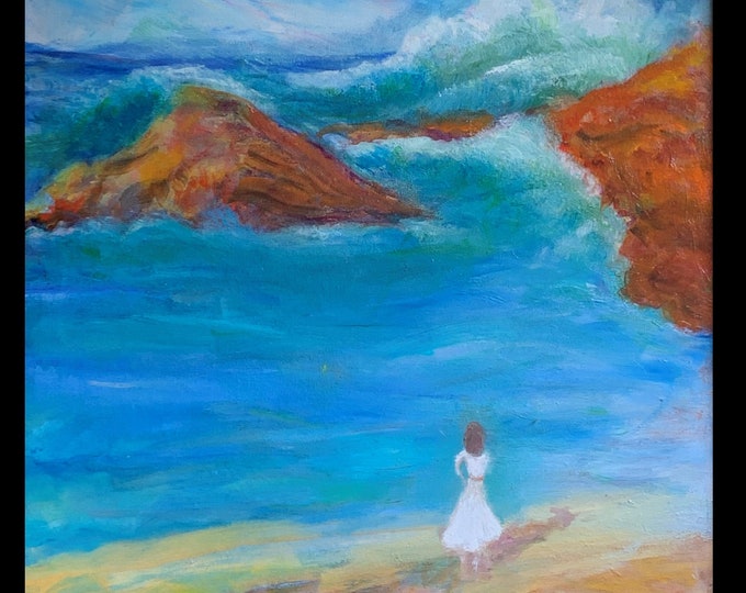 Girl in White at the Beach: impressionistic oil painting on canvas. (framed)