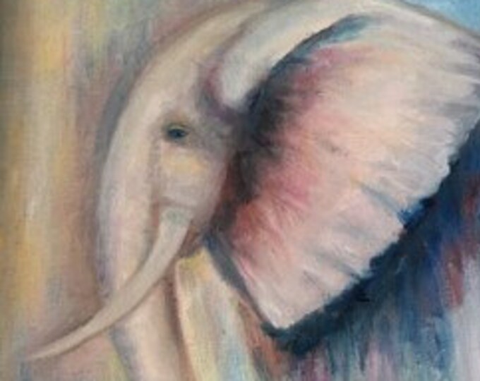 Blue Elephant: Feeling the Loneliness of His Disappearing Kin. Oil on canvas by Janina Ridgway, (framed) 20"W by 24"H
