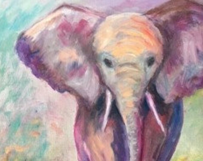 Colorful Elephant: The Wise Creature of the Plains. Oil on canvas by Janina Ridgway, (framed) 20"W by 24"H