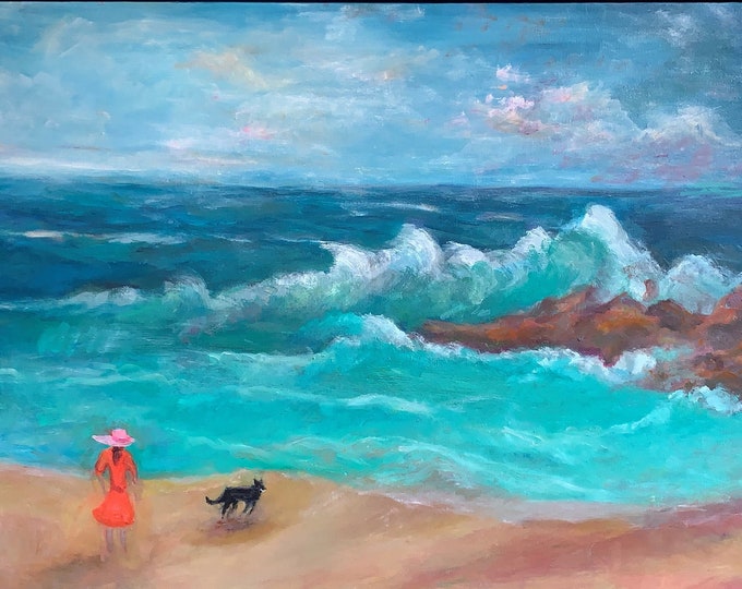 Girl and Puppy on Windy Beach: impressionistic oil painting on canvas (framed) by Janina Ridgway, 26"W by 20"H