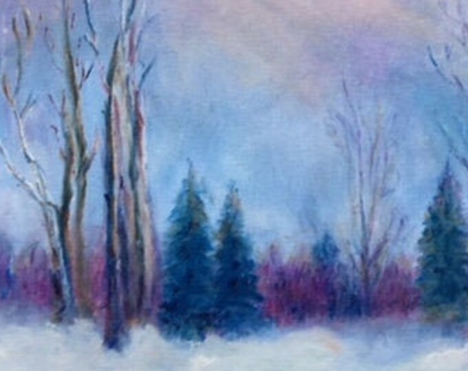 Enchanted, Dreamy Tranquil Winter Scene: Oil painting on canvas by Janina Ridgway (framed) 23"W by 18"H