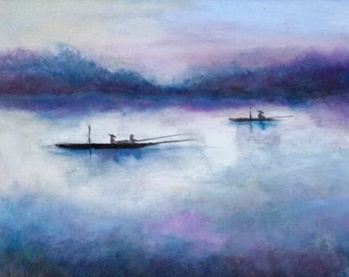 Fisherman spending quiet morning on the misty lake: oil on canvas by Janina Ridgway (framed) 26"W by 22"H