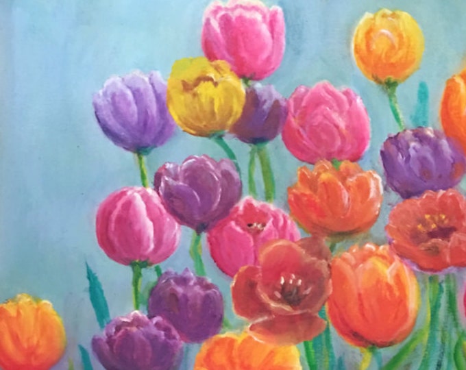 Spring Tulips - Impressionist oil painting on canvas. (framed) with red, yellow and purple tulips.