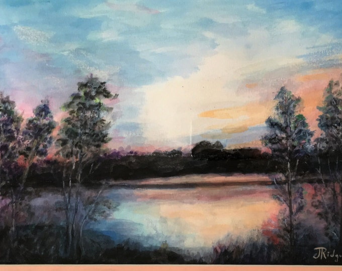 California Sunset on Lake: beautiful, serene, romantic image in evening setting. Watercolor, matted by Janina Ridgway,(framed) 21"W by 17"H