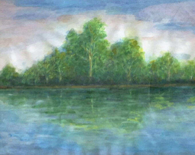 Lake Reflection: Mystic Impression, Rich Color of the Trees. Watercolor, matted (framed) 23"W by 17"H