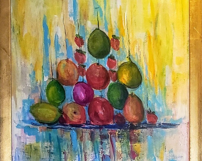 Fruit Pyramid, acrylic painting on canvas by Janina Ridgway (framed)