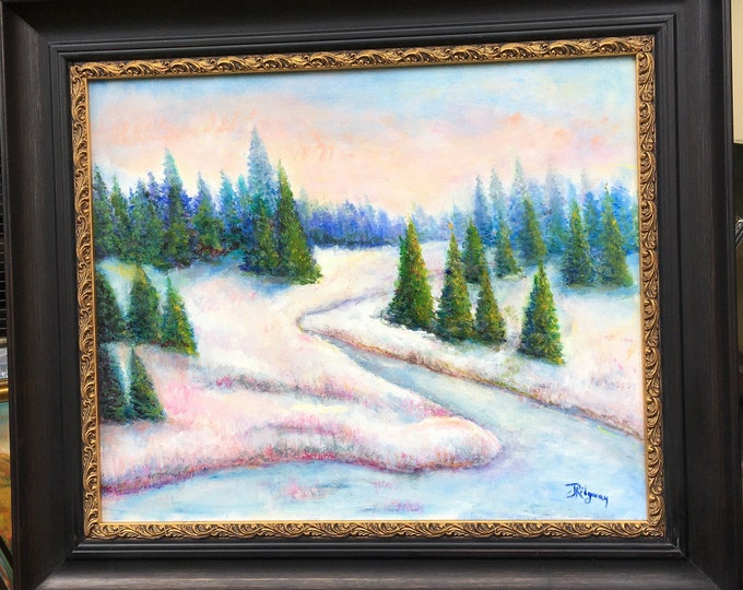 Winter in the Baltics: Tranquil, snowy winter scene. Large impressionist painting. Oil on canvas by Janina Ridgway, (framed)   27"H by 31"W