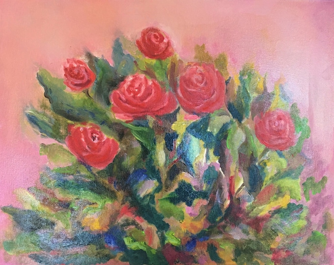 Cheerful bouquet of Roses (framed) abstract. Oil on canvas by Janina Ridgway,  23"W by 20"H