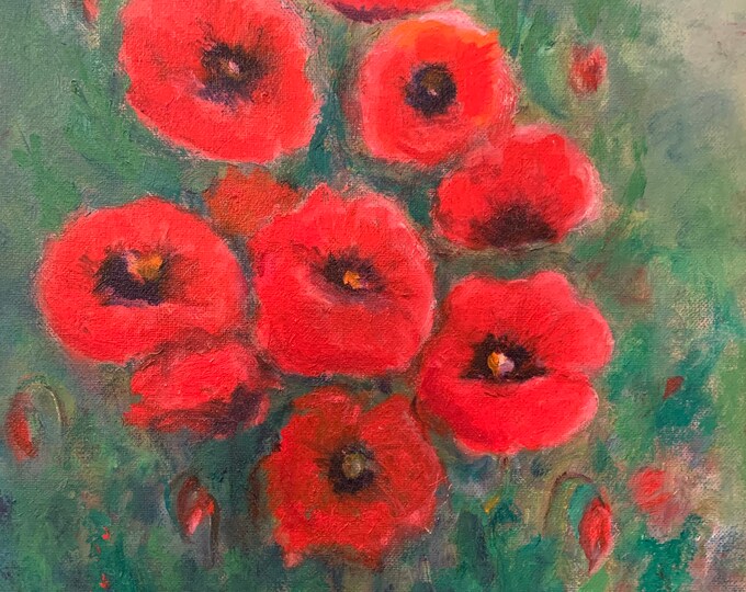 Pink poppies, Oil on canvas by Janina Ridgway, 27"W by 21"H