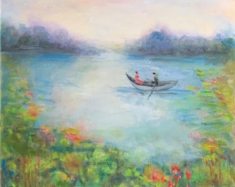 Summer Boating Date: impressionistic oil on canvas painting (framed)