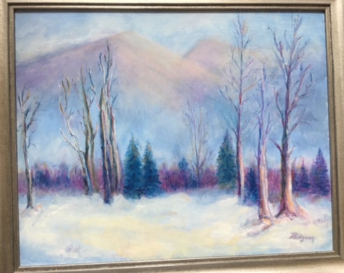 Tranquil Winter Scene: Oil on canvas by Janina Ridgway, (framed) 23"W by 18.5"H