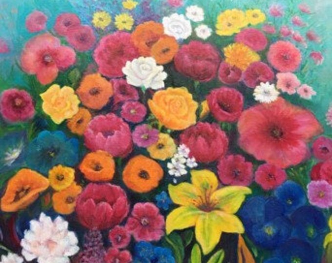 Flower Medley of Roses, Lilies and Many Other Flowers: Oil on canvas by Janina Ridgway (framed) 26"W by 26"H