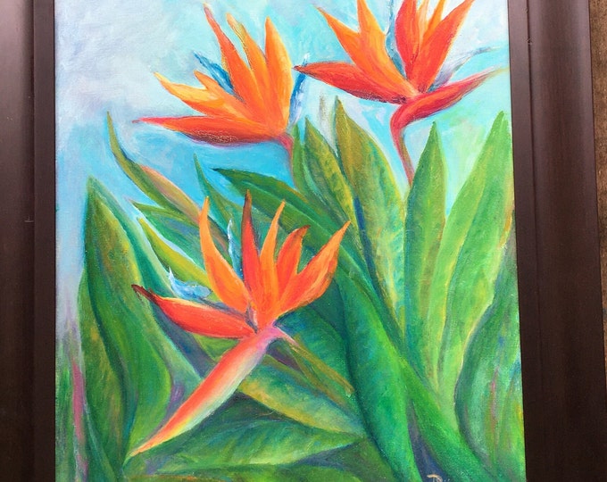 Birds of paradise: Flower or Bird? Oil on canvas by Janina Ridgway (framed) 21"W by 25"H