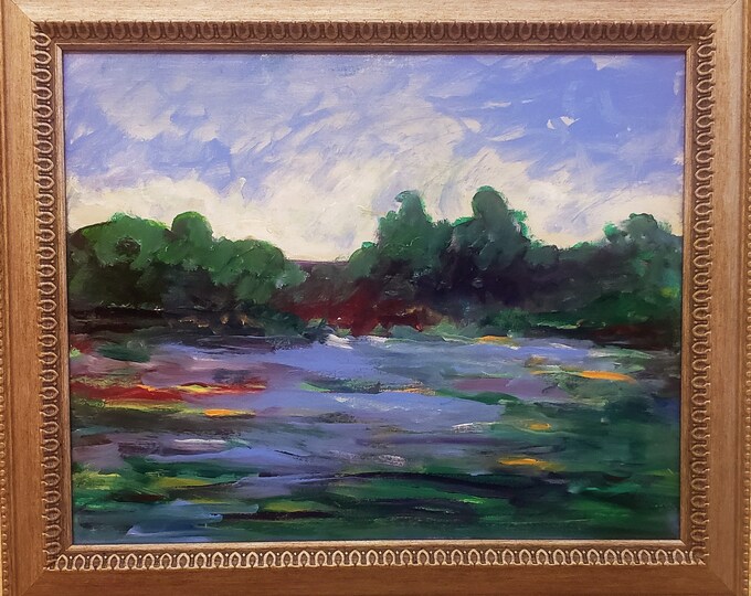 Stormy Weather on the Lake, Acrylic painting on canvas by Janina Ridgway, (framed) 24"W by 20"H
