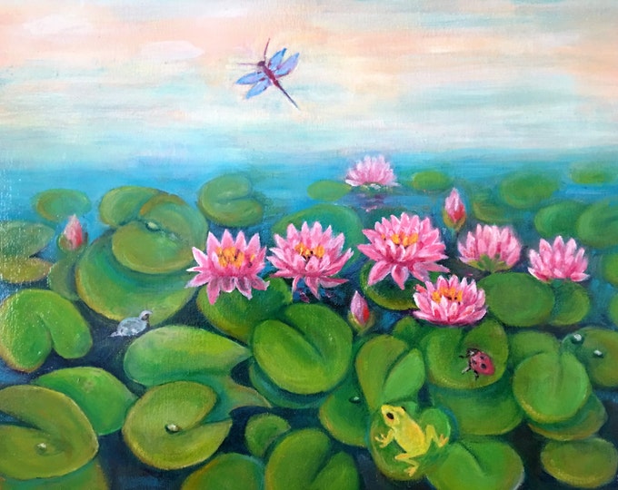 Life on a Pond.  Pink water lilies provide a home for a  frog, ladybug turtle and dragonfly. Oil on canvas.