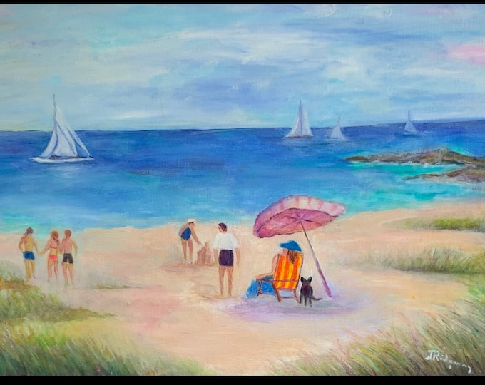 Family at the Beach: Enjoying Sun, Surf and Play in the Sand. Realistic oil painting on canvas  by Janina Ridgway, (framed) 30"W by 23"H