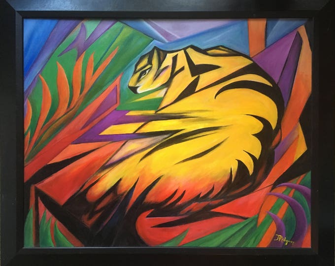 In the Manner of Franz Marc -The Troubled Tigress of Brahmapuri: oil painting on canvas, Artist Janina Ridgway (framed) 34"W by 29"H