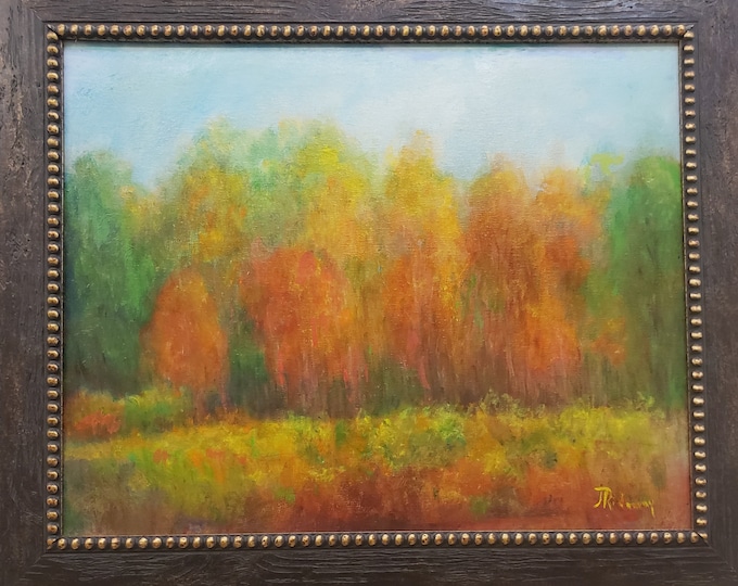 Amber Leaves Shining in Quiet Countryside. oil painting on canvas by Janina Ridgway, (framed) 23.5'W BY 19.5"H