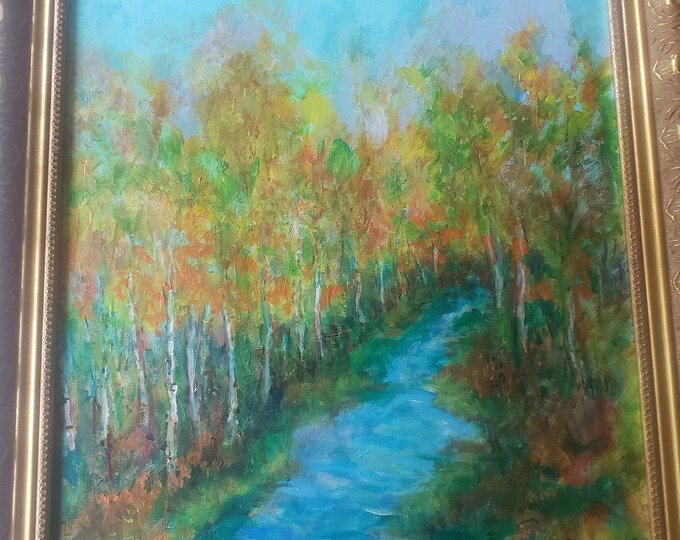 Murmuring streams through the woods, Oil on canvas by Janina Ridgway, (framed) 20"W by 25"H
