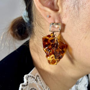 Tortoiseshell Resin Dangle Earrings - Sculptural Drop with Crystal Stud