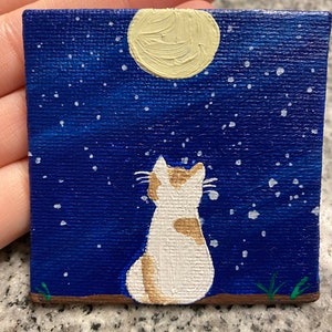 cat looking up at the moon, mini painting, hand painted, mini canvas