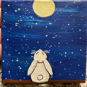 Rabbit, looking up at the moon, mini painting, hand painted, mini canvas