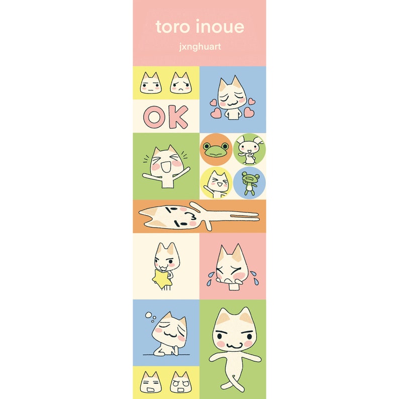 May include: A digital illustration of a white cat with different facial expressions and poses. The cat is surrounded by colourful squares with various other illustrations, including a frog, a rabbit, and hearts. The text "toro inoue" and "jxnghwart" are at the top of the image.