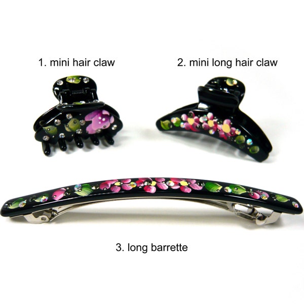 2 STÜCKE Exotische Oriental Handgemalte Blumen Floral Blatt Strass Dekor Kleine Mini Schwarz Kunststoff Haarkralle Klemme Clip Zubehör Lange Haarspange