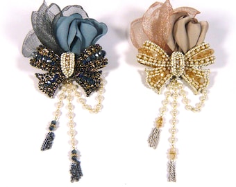 Beige blauwe mesh satijnen stof bloemen kristal steen kralen strik bungelen parel trim mode-sieraden broche pin elegante mode-accessoire geschenken