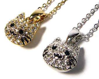 Brillant Cristal Strassstone Petit Mini Animal Cat Face Charm Pendentif Argent Chaîne en métal Collier Cute Fashion Jewelry Accessoire Cadeau Nouveau