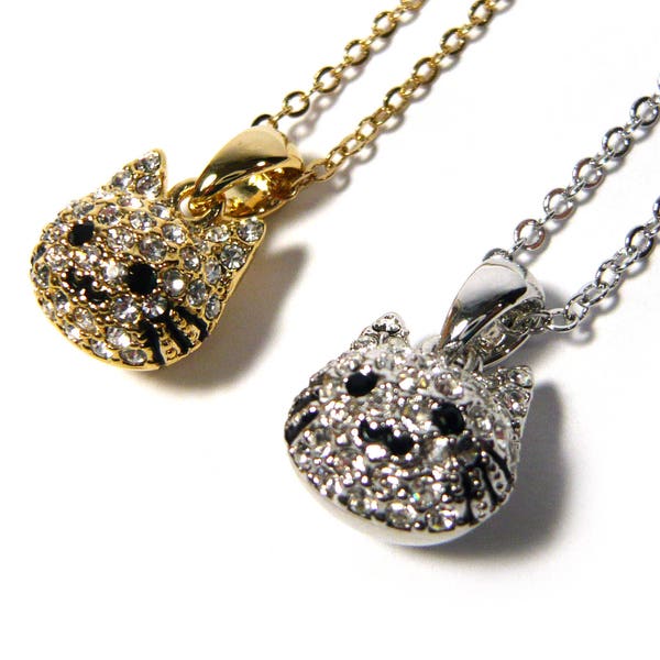 Shining Crystal Rhinestone Small Mini Animal Cat Face Charm Pendant Silver Gold Metal Chain Necklace Cute Fashion Jewelry Accessory Gift New