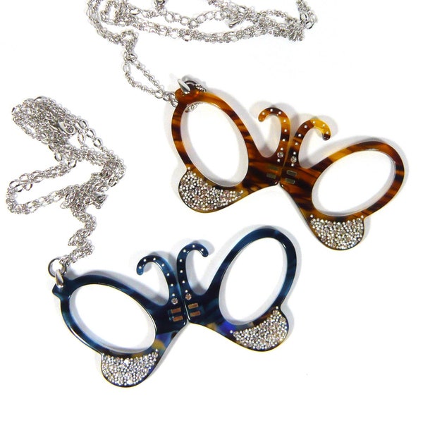 Cristal Decoración Acetato Marco de mariposa Plegable Lupa 2.5 Gafas de lectura para mujeres Collar largo de cadena de metal plateado Lupa Regalos de moda