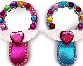 Super Cute Kawaii Decorative Heart Acrylic Crystal Stones Angel Wings Hand Mirror Blue Pink Korean Handmade Gift for Kids Little Girls Her