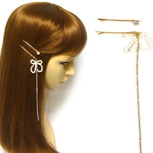 Dangle Long Clear Rhinestone Trim White Faux Pearl Bow Gold Metal Bobby Pin Set Unique Hair Accessories for Women Girls Gifts for Her Mom