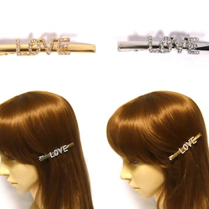 Klar Kristall Strass Dekor Liebe Buchstabe Metallic Silber Gold Metall lange Haar Span span ich Griff Pin Pin Women Lady Girl Cute Fashion New