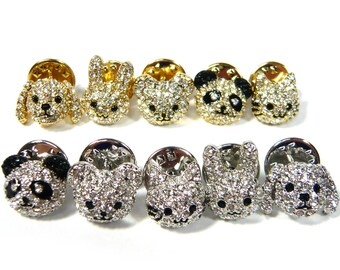 Super Cute Mini Kleine Crystal Rhinestone Decor Zilver Goud Metalen Kat Hond Konijn Beer Panda Animal Face Fashion Jewelry Pin Back Badge Broche