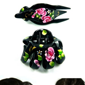 Large Black Plastic Acrylic Asian Oriental Retro Hand Painted Flower Floral Leaf Hair Claw Jaw Clip Clamp Antique Style Fashion Women Girls